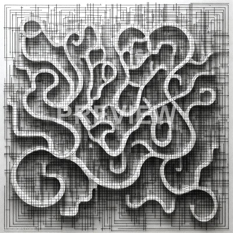 The image features a complex, abstract design composed of numerous interconnected, curving white lines on a dark background. These lines form a maze-like pattern with various loops and twists, creating a sense of depth and movement. The entire composition is surrounded by a grid of thin lines, adding a structural element to the flowing, organic shapes within.